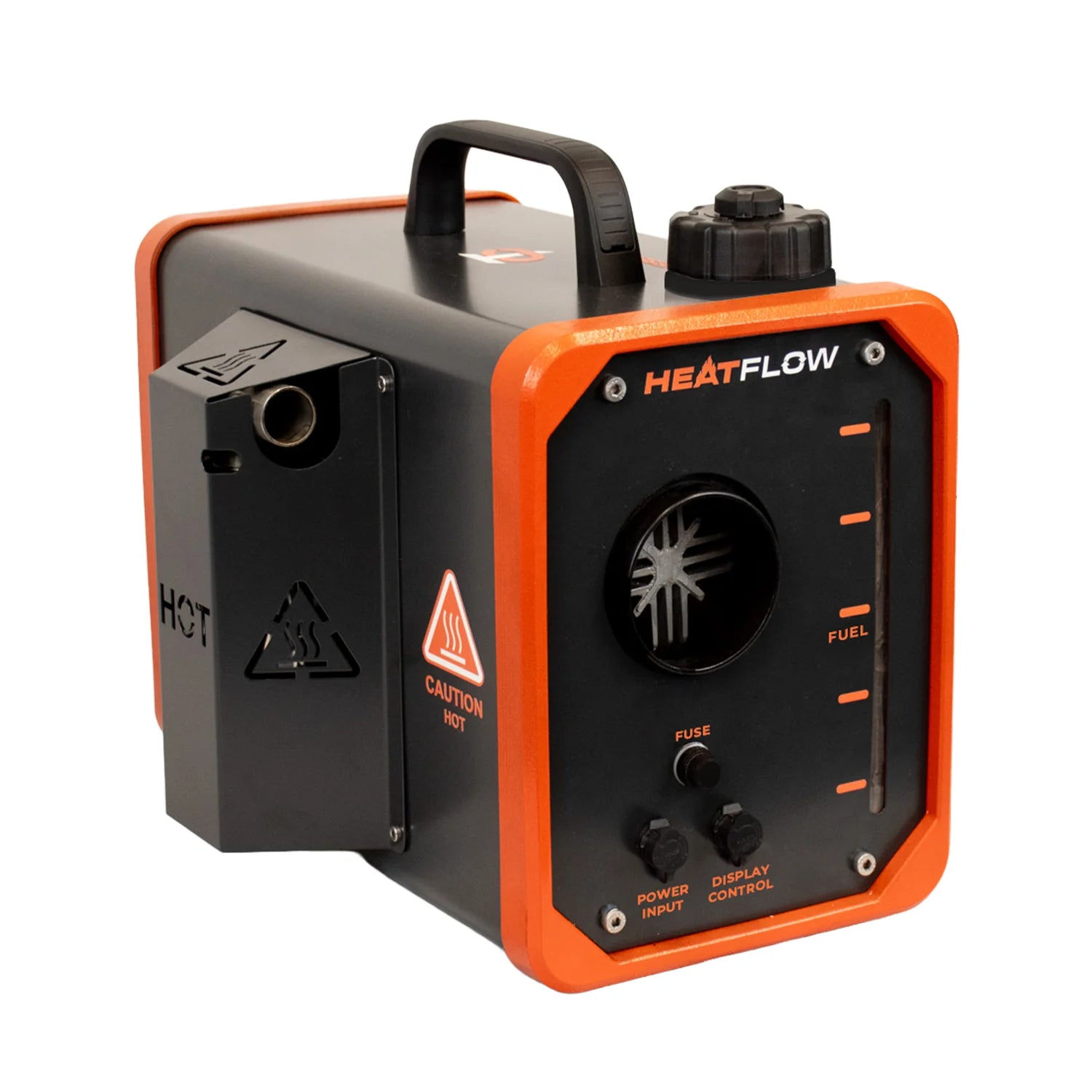 HEATFLOW Portable diesel heater device with black and orange design on a white background