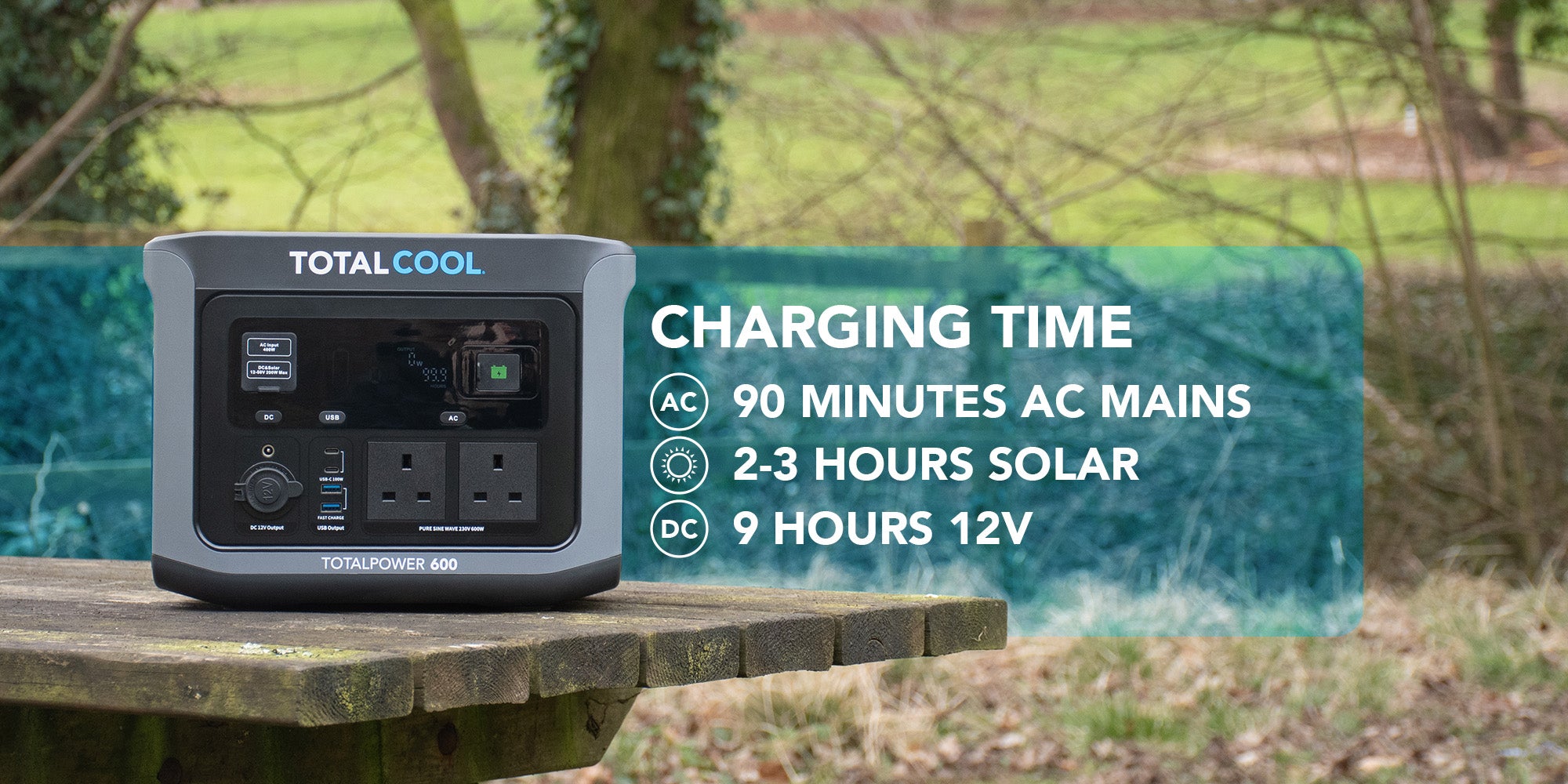 Image mentioning the charge time of the tp600, 90mins AC, 2-3 hours solar and 9hours 12v