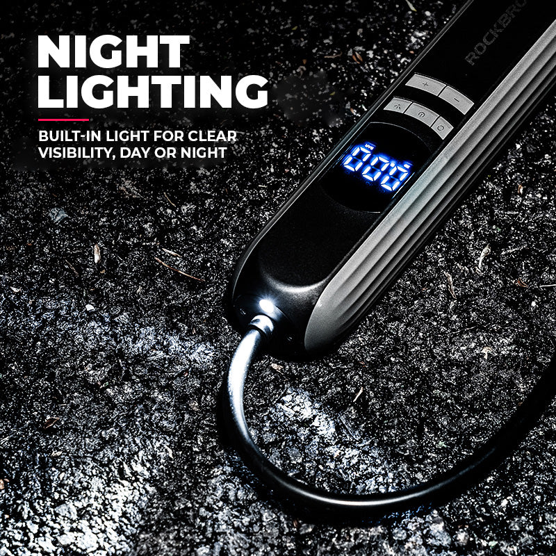 Image of the A10 wireless inflation device with the torch function enabled. captioned 'Night Lighting, Built-in light for clear visibility day or night'