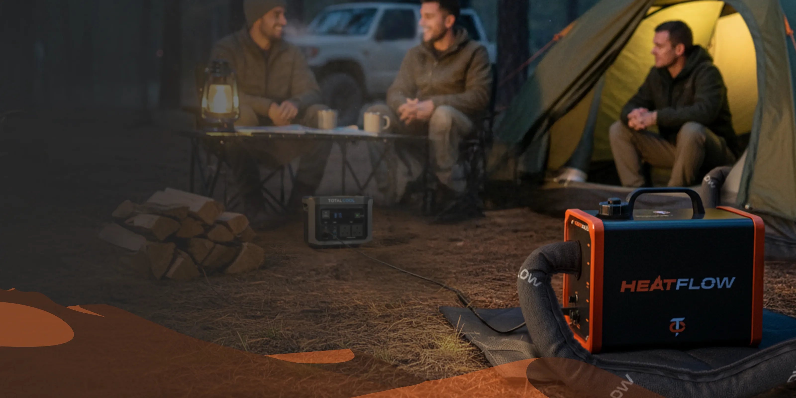 Three men camping outdoors with a Heatflow product visible.