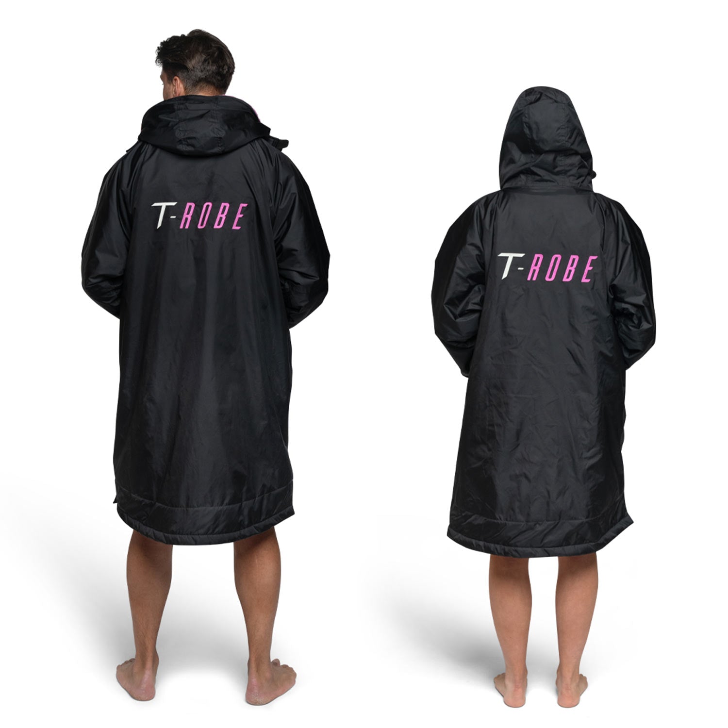 Rear view of a man and woman wearing a black and pink T-Robe