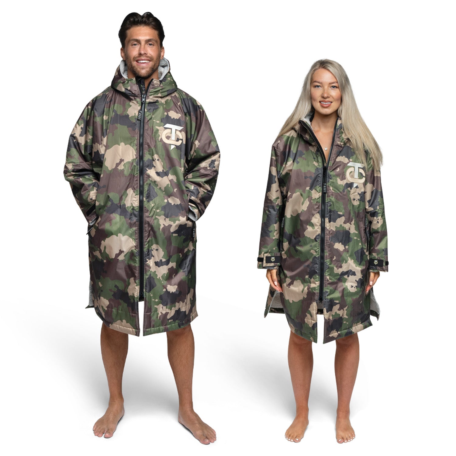 Front view image of a man and woman wearing the camo and grey T-Robe 