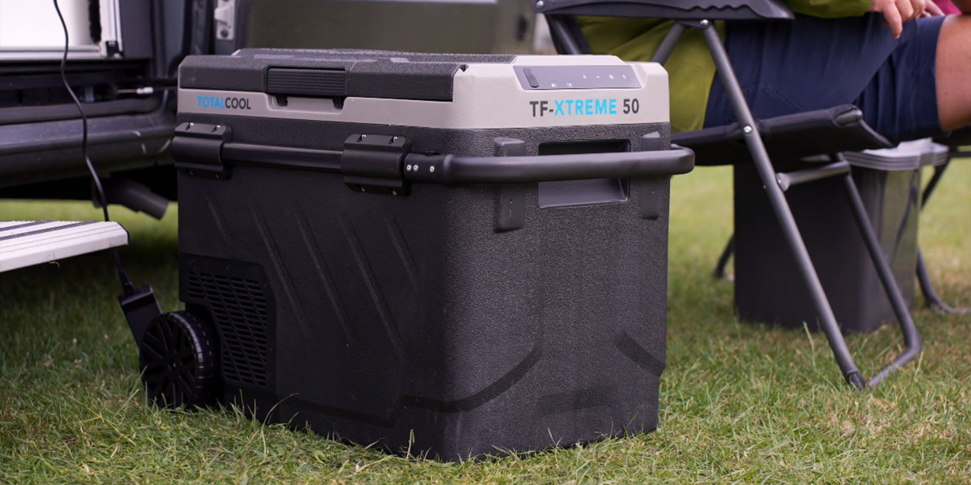 Image of the TF XTREME 50 fridge freezer outside of a caravan