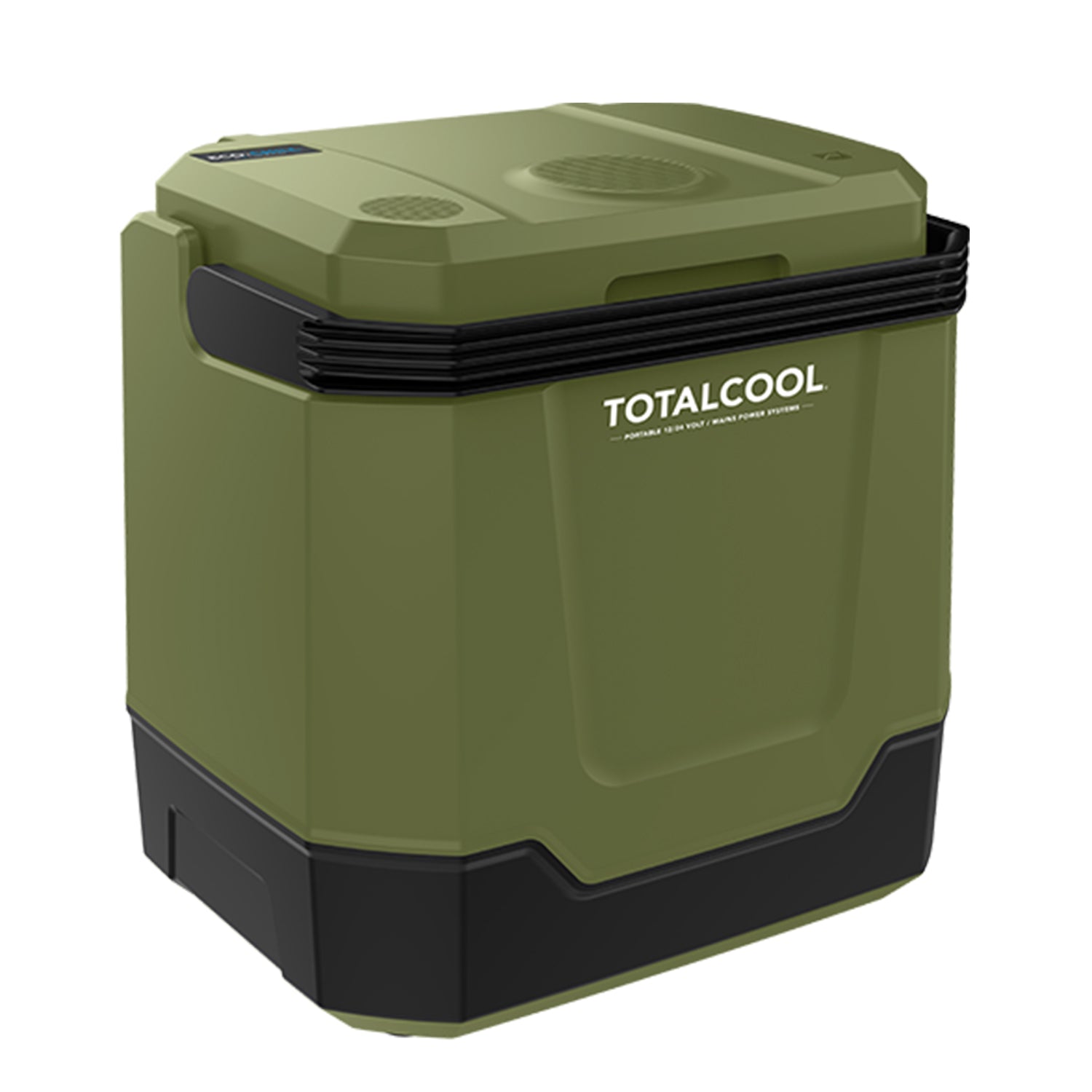 Image of the Eco-chill 33 camo green thermoelectric coolbox from a 3/4's angle