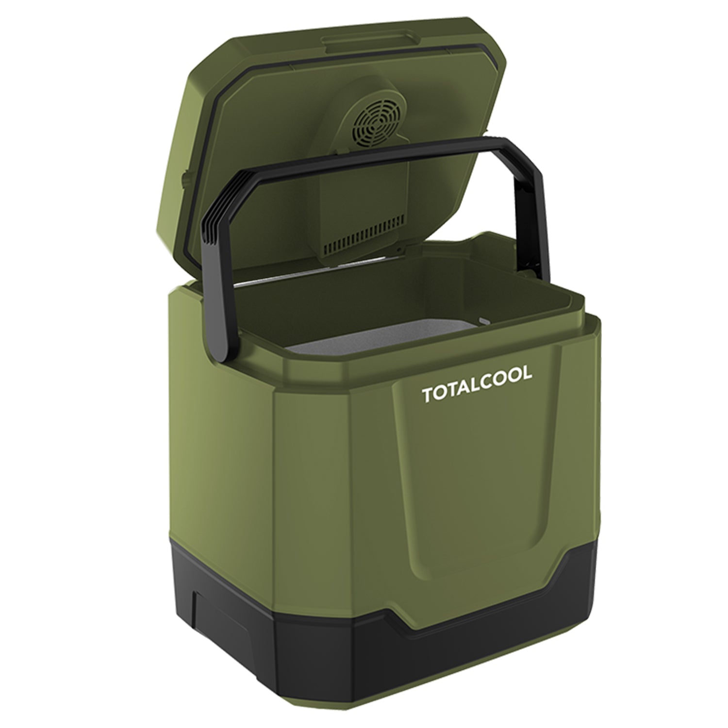 angled view of the eco-chill 33 camo green coolbox with the lid being held open by the handle