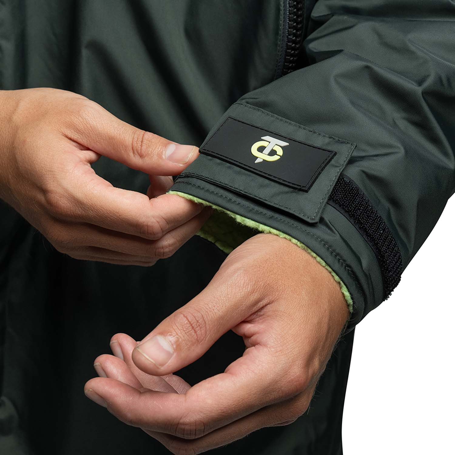 Close up image of the Green T-Robe velcro cuffs