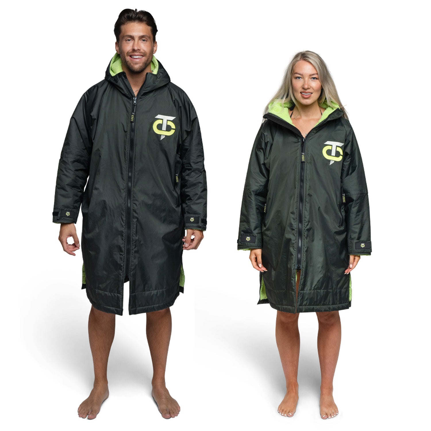 Front view image of a man and woman wearing the Deep green / Lime green T-Robe