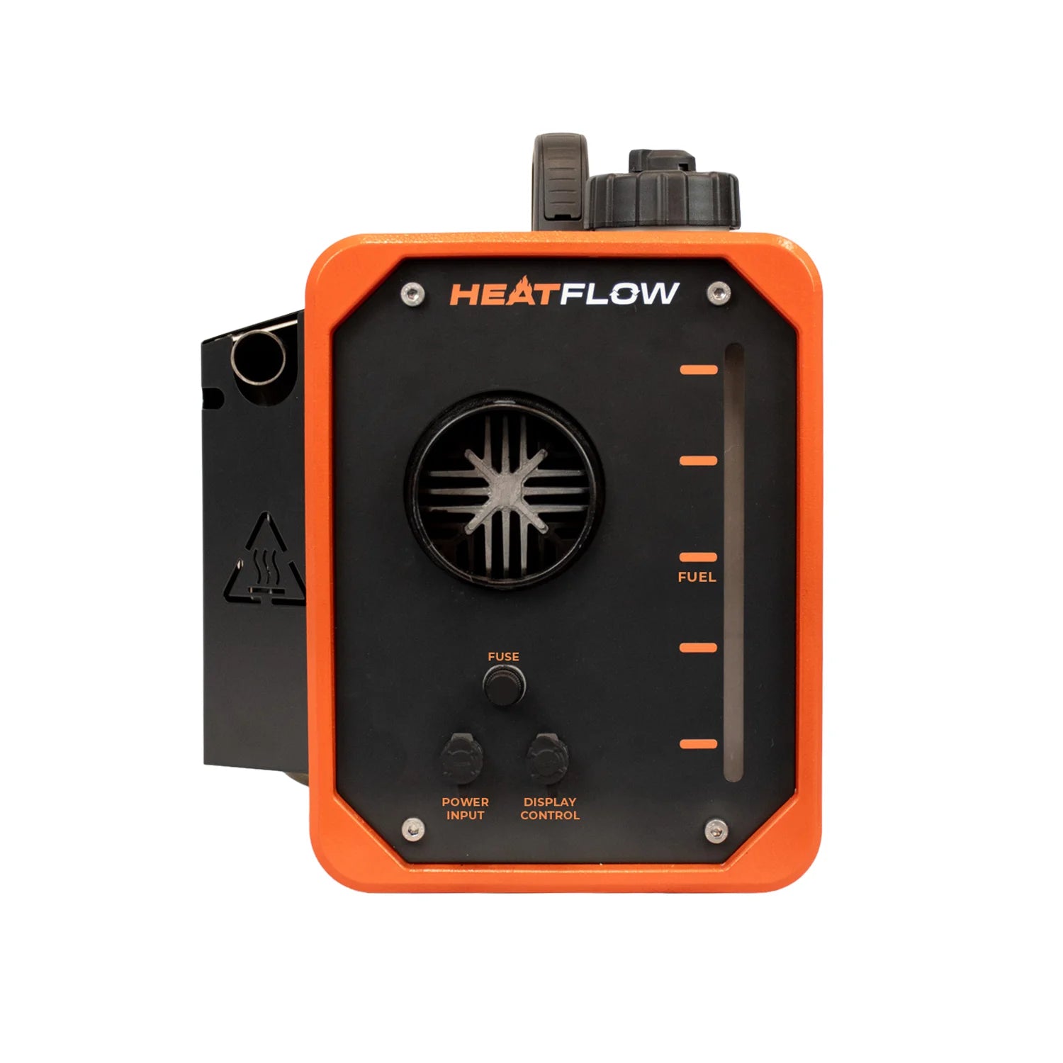 HEATFLOW Portable diesel heater device with black and orange design on a white background