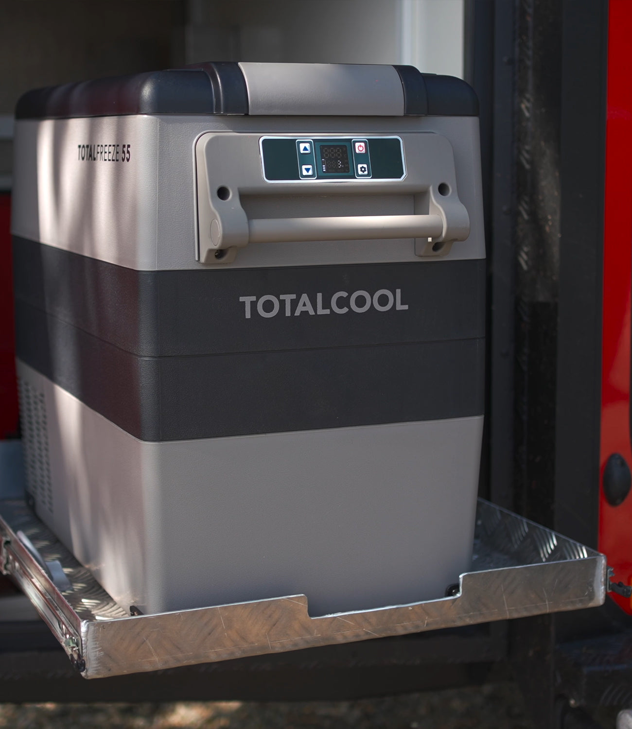 Image of the Totalfreeze 55 ontop of the TF-Slide which is used to conveniently store / remove the fridge freezer during and after transit