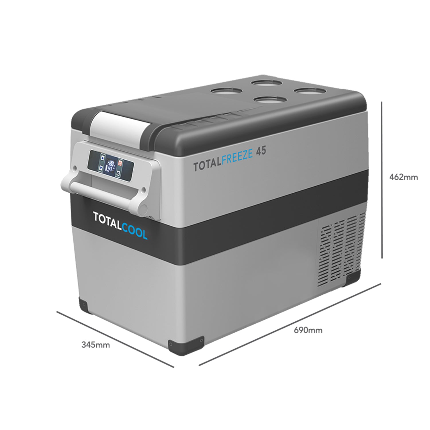 Image of the Totalfreeze 45 portable fridge freezer with annotated dimensions